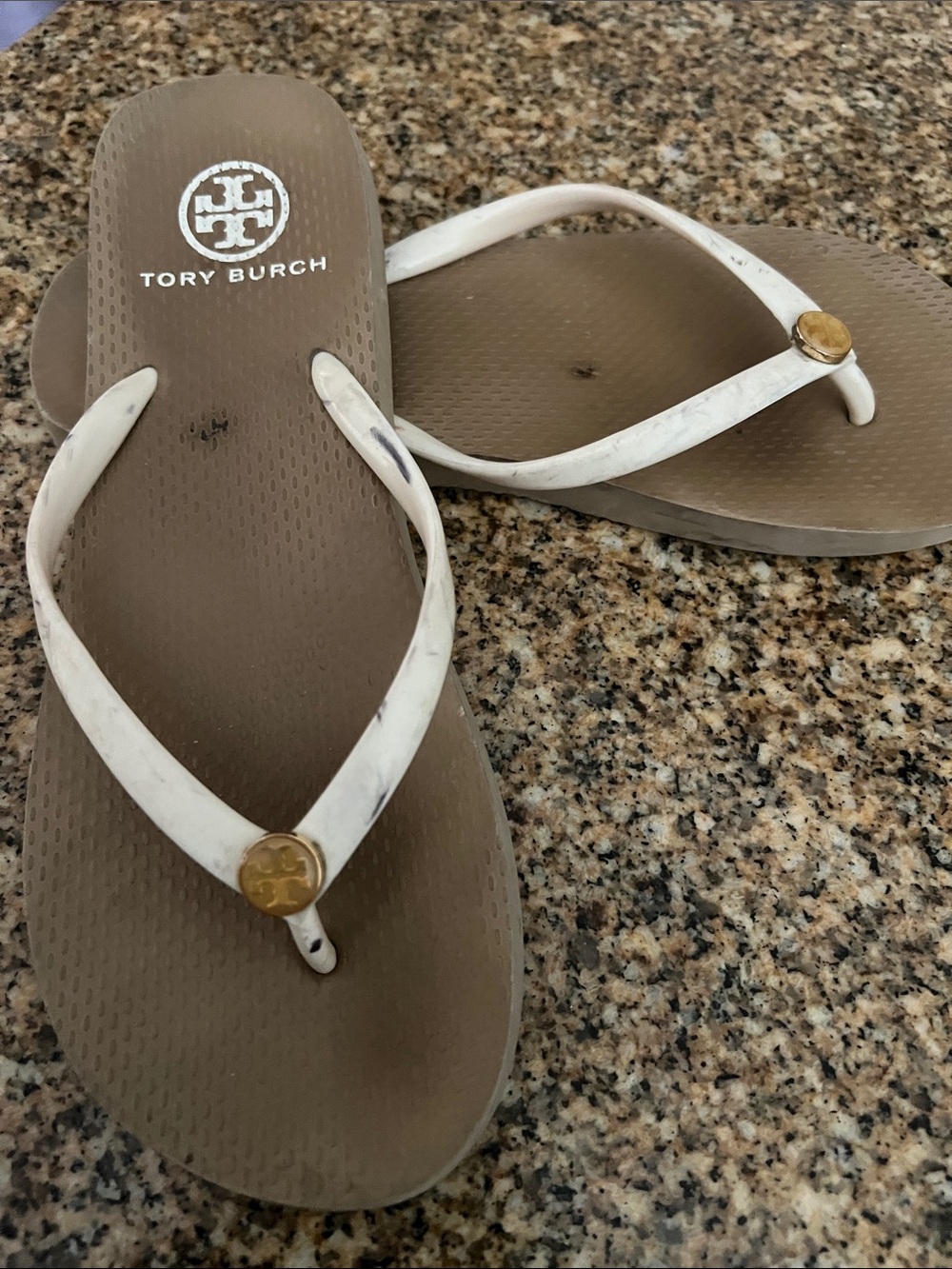 Tory Burch Brown Footbed White Strap Logo Flip Flops with Gold Medallions